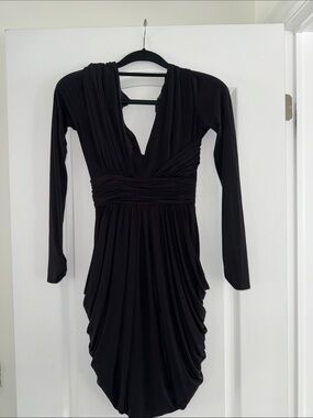 BCBG Black Long Sleeve Plunging V-Neck Ruched Dress